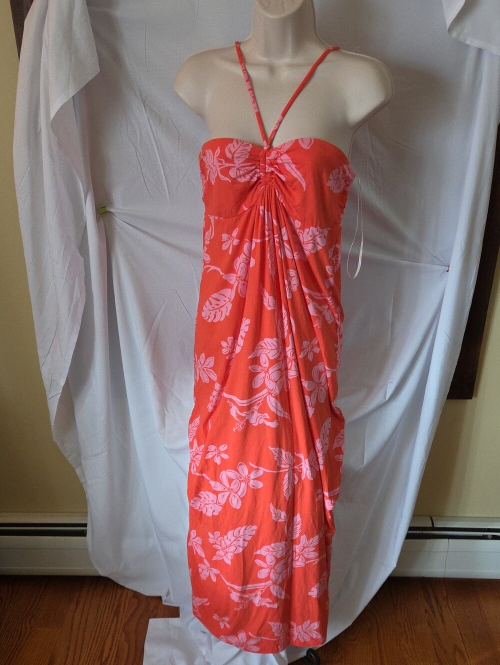 Tommy Bahama Coral Pink Floral Strapless Maxi Dress with Halter Strap